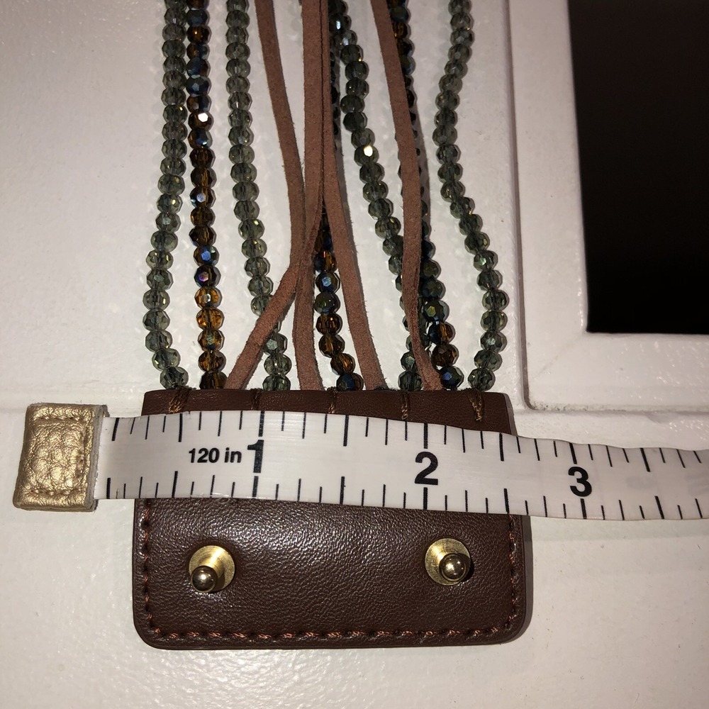 Leather & Crystal Cuff Wide Bracelet Brown Leather Green AB Crystal Multi Strand - Picture 10 of 12